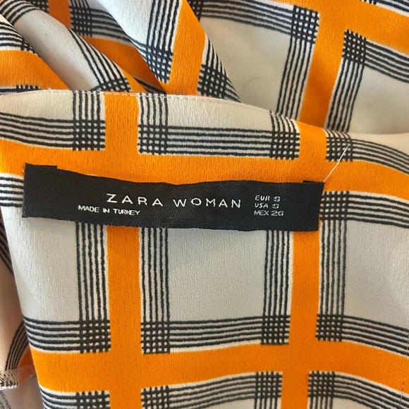 Zara Women Orange & White Checkered Dolman Sleeve High Low V Neck Blouse Tunic - Picture 5 of 5